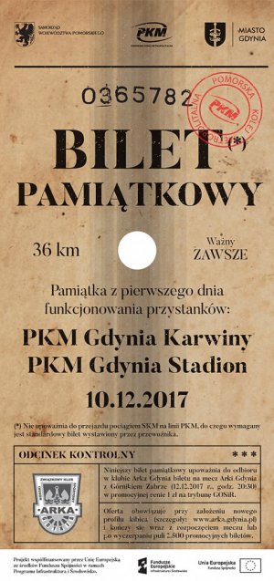 Pamiątkowy bilet z okazji pierwszego dnia funkcjonowania przystanków PKM Gdynia Karwiny i PKM Gdynia Stadion