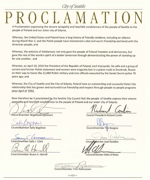 Proklamacja Rady Miasta Seattle w związku z katastrofą lotniczą w Smoleńsku