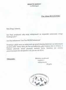 List Brigitt Bardot do Adama Buczyńskiego - opiekuna psa Baltica (tłumaczenie)