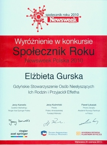 Elżbieta Gurska wyróżniona w konkursie Społecznik roku - dyplom
