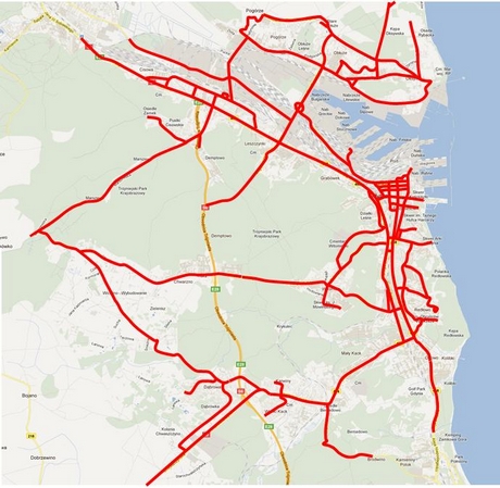 Mapka z zaznaczonym układem najważniejszych dróg (kat. Is i I) zimowego utrzymania