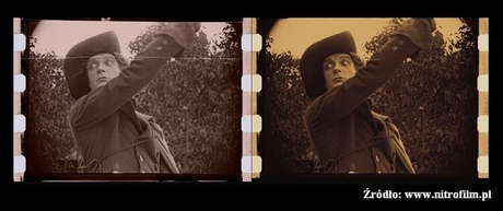 Klatka z filmu "Pan Tadeusz" w reżyserii Ryszarda Ordyńskiego przed i po rekonstrukcji