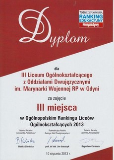 Dyplom III miejsce w Ogólnopolskim Rankingu Liceów Ogólnokształcących 2013