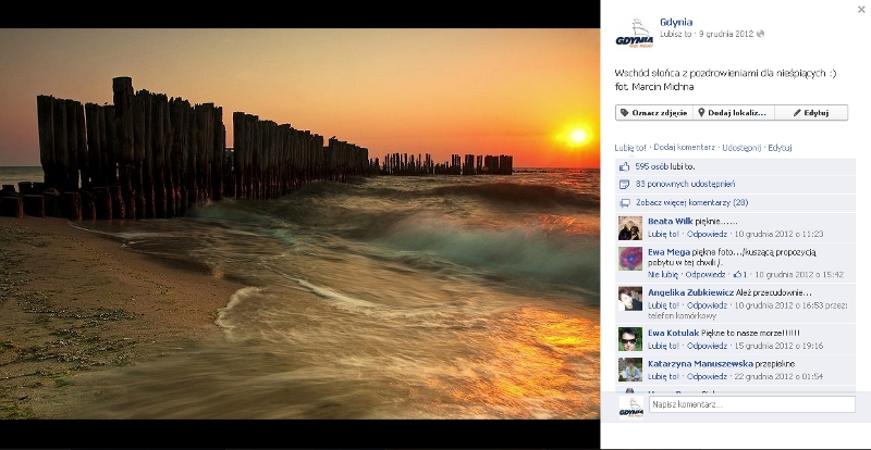 Zdjęcie ze wschodem słońca Marcina Michny na gdyńskim fanpagu polubiło 595 osób, a 83 udostępniły zdjęcia na swoim profilu