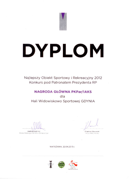 Nagrodę Główną PKPar/IAKS dla Hali Sportowo - Widowiskowej Gdynia
