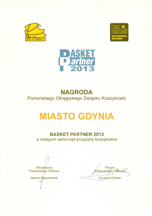 Nagroda dla miasta Gdyni "Basket Partner 2013" w kategorii samorząd przyjazny koszykówce
