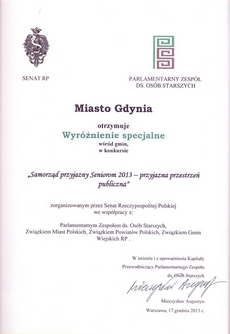 Wyróżnienie specjalne dla miasta Gdyni Samorząd przyjazny Seniorom 2013 - przyjazna przestrzeń publiczna
