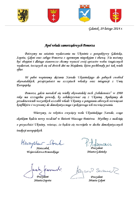 Apel władz samorządowych Pomorza w sprawie bieżących wydarzeń na Ukrainie