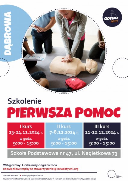 Plakat promujący zajecia z pierwszej pomocy na Dąbrowie.