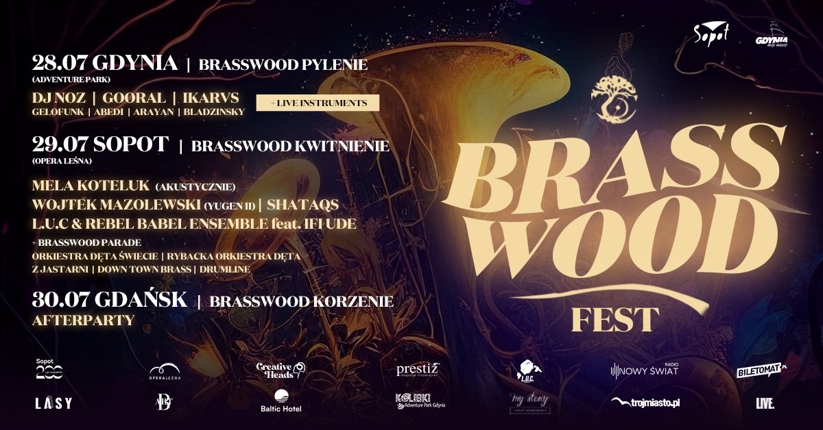 Grafika festiwalu muzyki i oddechu Brasswood Fest utrzymana w barwach brązu i złota