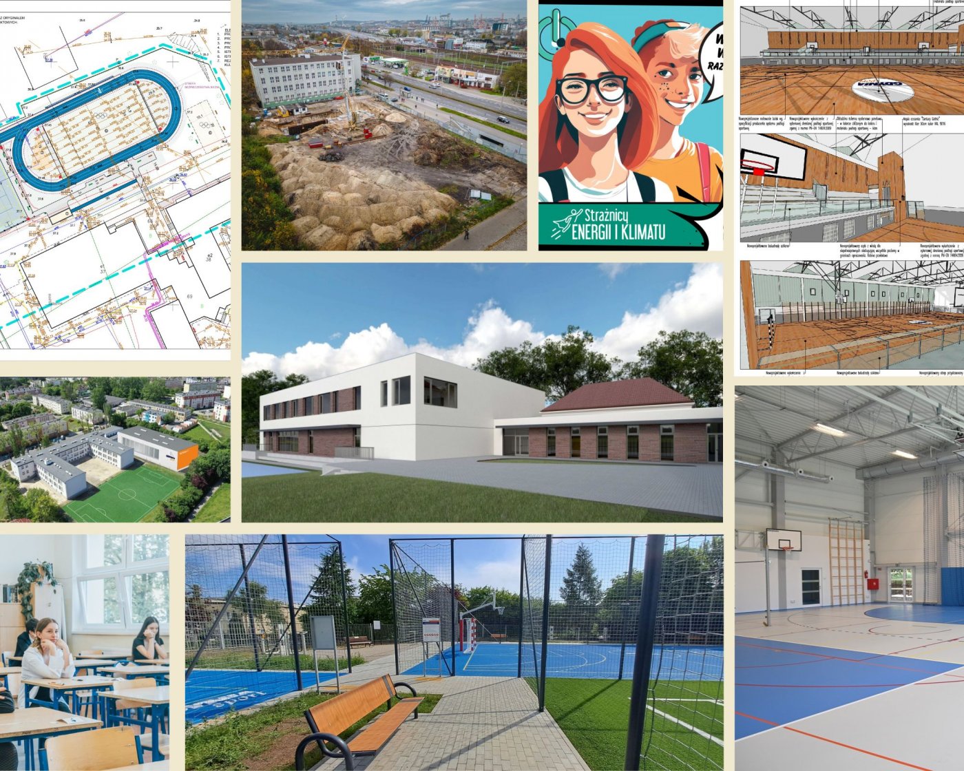 kolaż zdjęć użytych w tekście - widać tu również fragmenty projektów architektonicznych, wnętrza hali sportowej, dzieci siedzące w ławkach podczas egzaminów