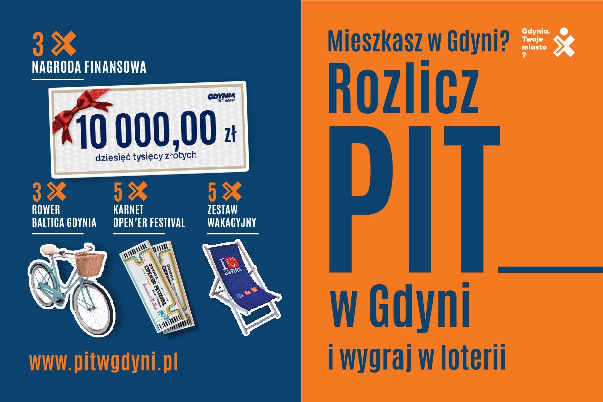 Grafika informująca o loterii „Rozlicz PIT w Gdyni” i nagrodach, jakie można w niej zdobyć // materiały prasowe