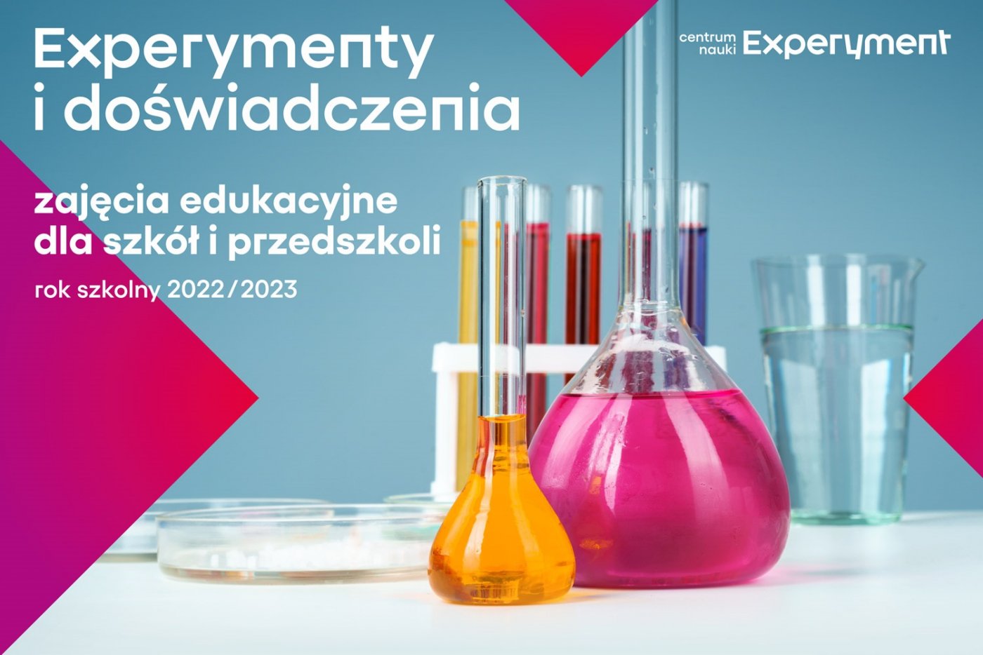 Grafika nowej oferty zajęć edukacyjnych w Centrum Nauki Experyment w Gdyni.