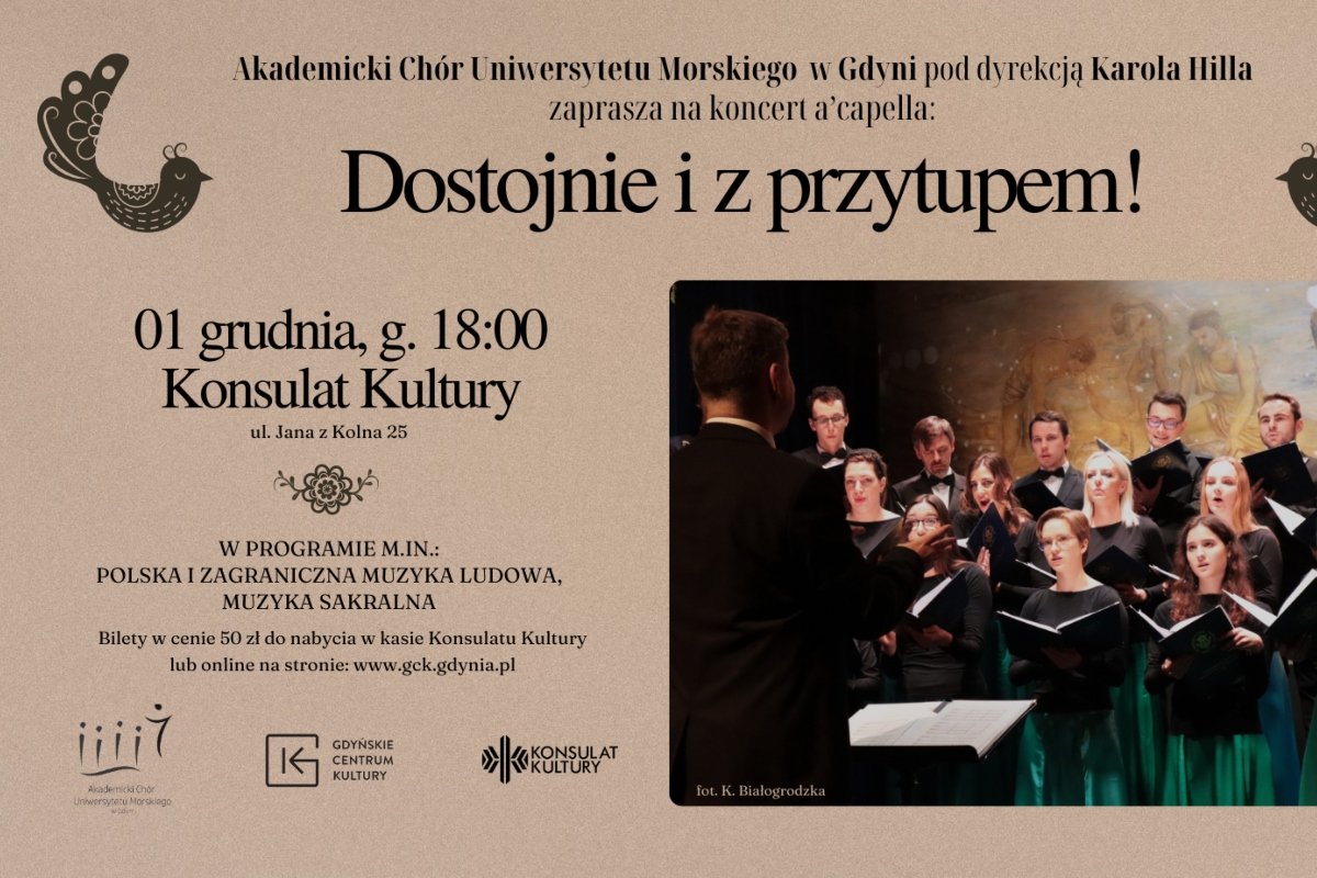 Grafika promująca koncert Akademickiego Chóru Uniwersytetu Morskiego w Gdyni pt. „Dostojnie i z przytupem!” (materiały prasowe, fot. Katarzyna Białogrodzka)