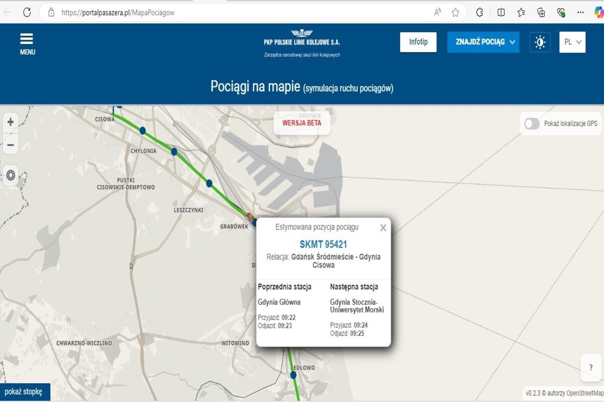 Można sprawdzić gdzie znajduje się dany pociąg   (fot screen)