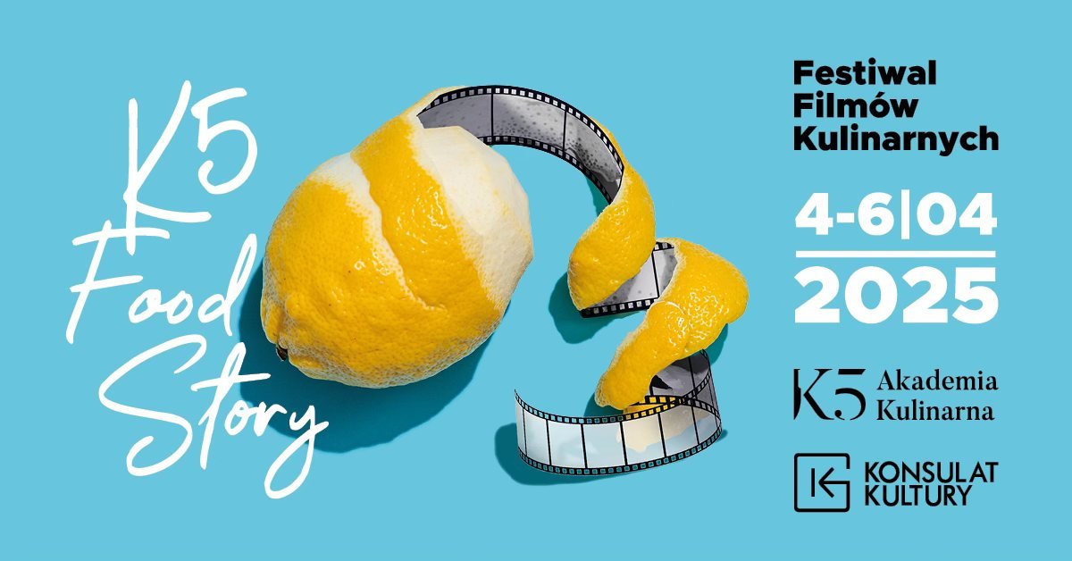 Plakat z częściowo obraną cytryną Festiwalu Filmów Kulinarnych „K5 Food Story”, który odbędzie się w dniach 4-6 kwietnia 2025 roku