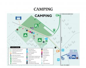 Mapka z dokładnym wskazaniem punktów wymiany biletów na terenie festiwalu, w tym również z polem namiotowym i campingiem (fot. mat. prasowe Open'er // Alter Art)