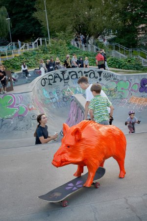 Pomarańczowy dzik z deskorolką w skate parku