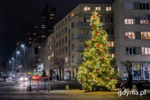 Choinka u zbiegu ulic Świętojańskiej i Starowiejskiej, którą ozdabiali mieszkańcy Gdyni w ramach wydarzenia „Świąteczna Starowiejska”