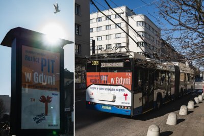 Dwa zdjęcia, z lewej gablota reklamowa z reklamą 