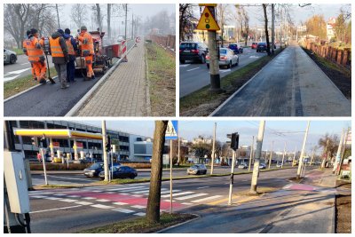 Kolaż zdjęć: lewy górny róg- robotnicy w trakcie prac na odcinku remontowanej ścieżki rowerowej, prawy górny róg- nowa ścieżka i chodnik, na dole okolica stacji beznzynowej i przejścia dla pieszych na al. Zwycięstwa // fot.ZDiZ