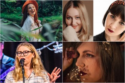 Kolaż zdjęć. Finalistki konkursu o Grand Prix Ladies' Jazz Festivalu. U góry: Zuza Baum (po lewej) oraz Anna Jopek i Ola Chaładaj (po prawej). Na dole: Julia Kuzyka (po lewej) i Jagoda „Goda” Wojciechowska (po prawej) // fot. materiały prasowe