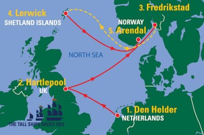 Mapa Europy w rejonie Morza Północnego. Widoczne czerwone strzałki wskazujące trasę regat The Tall Ships Races.