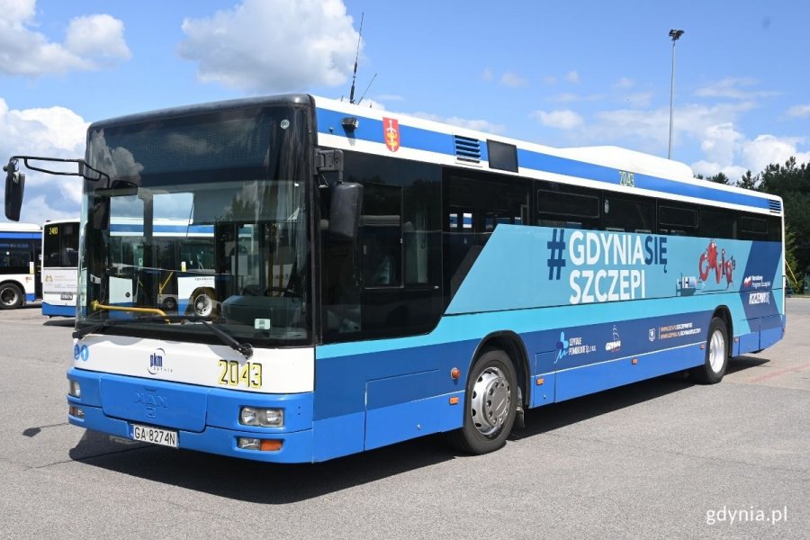 Szczebibus. Autobuz ZKM z grafiką #GDYNIASIĘSZCZEPI. // fot. Magdalena Śliżewska