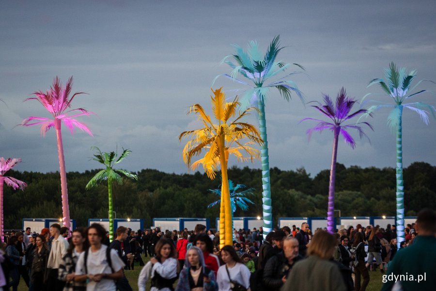 Festiwalowe miasteczko z kolorowymi palmami