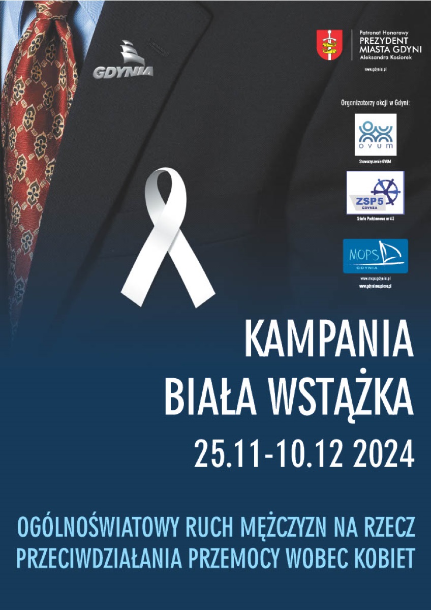 Plakat tegorocznej edycji kampanii białej wstążki. Prezentuje czarną marynarkę z przypiętą białą wstążką oraz logotypy organizatorów i głównych partnerów akcji. 