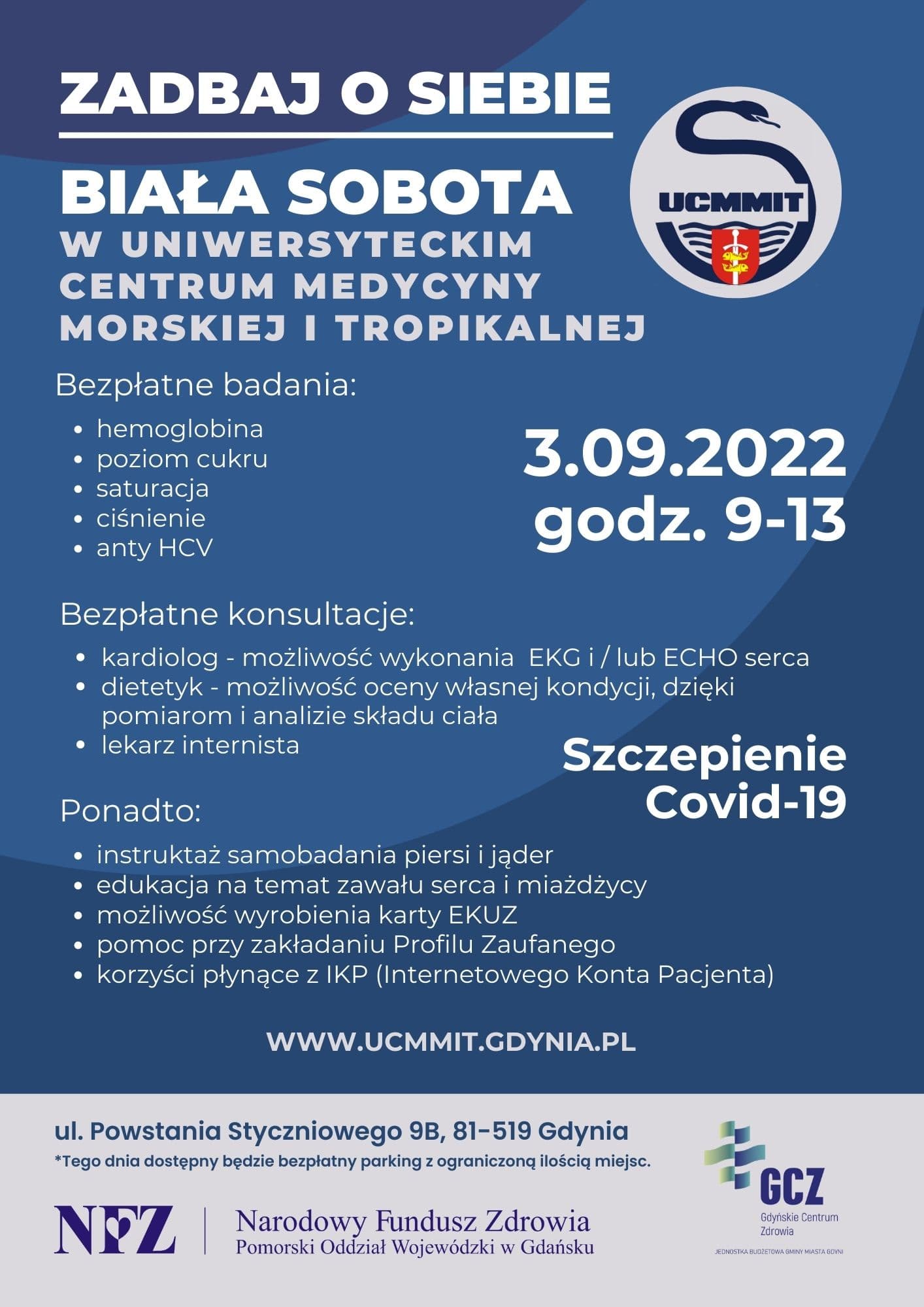 Plakat promujący Białą Sobotę w Uniwersyteckim Centrum Medycyny Morskiej i Tropikalnej. Na granatowym tle znajdują się białe napisy - informacje na temat bezpłatnych badań i konsultacji, które będa dostepne podczas wydarzenia // materiały prasowe UCMMiT