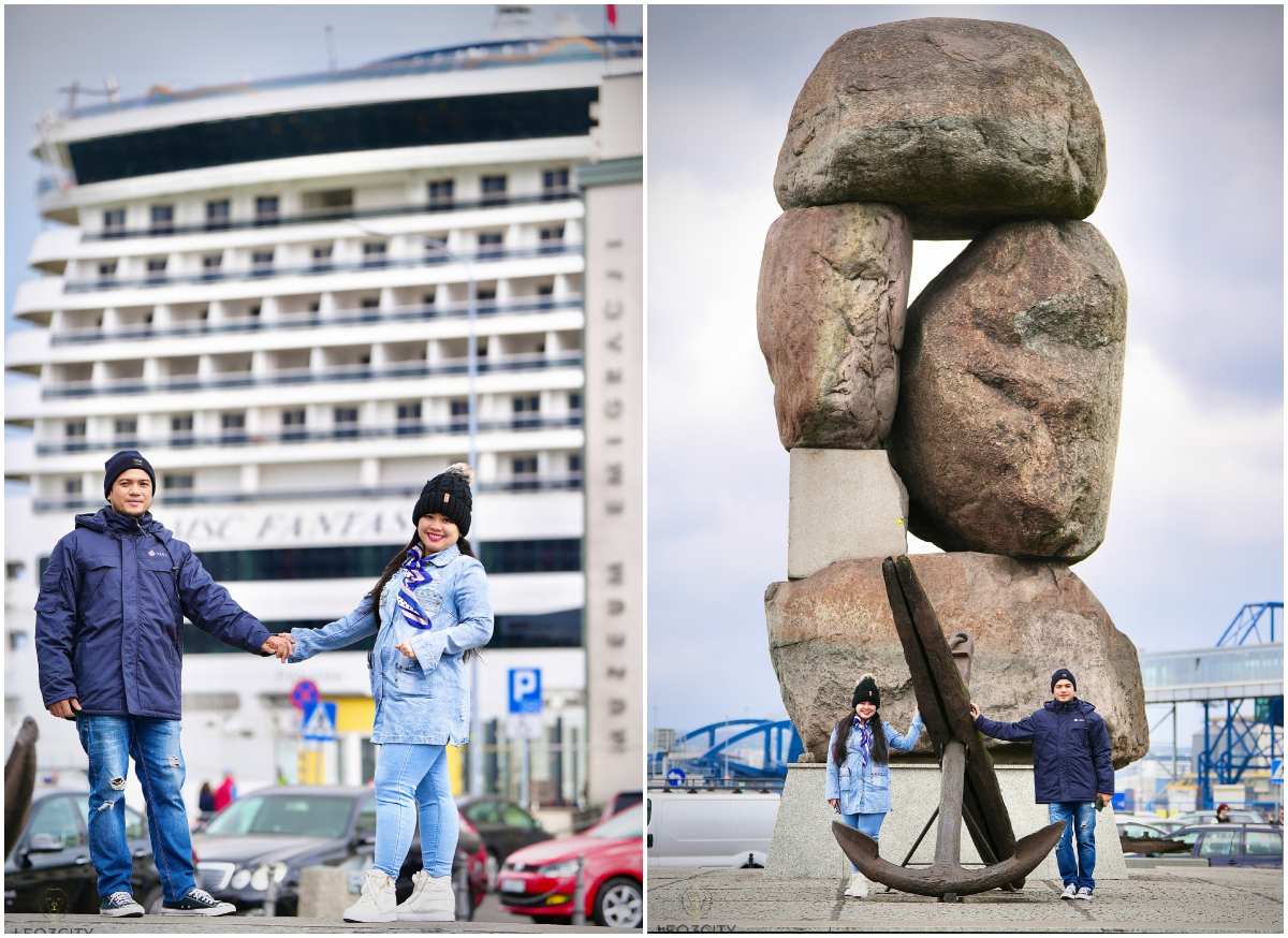 Para z załogi MSC Fantasia na pamiątkowych zdjęciach gdyńskiego fotografa Leo3City podczas kilkugodzinnego postoju statku w porcie. Fot. Leo3City / Gdynia w obiektywie