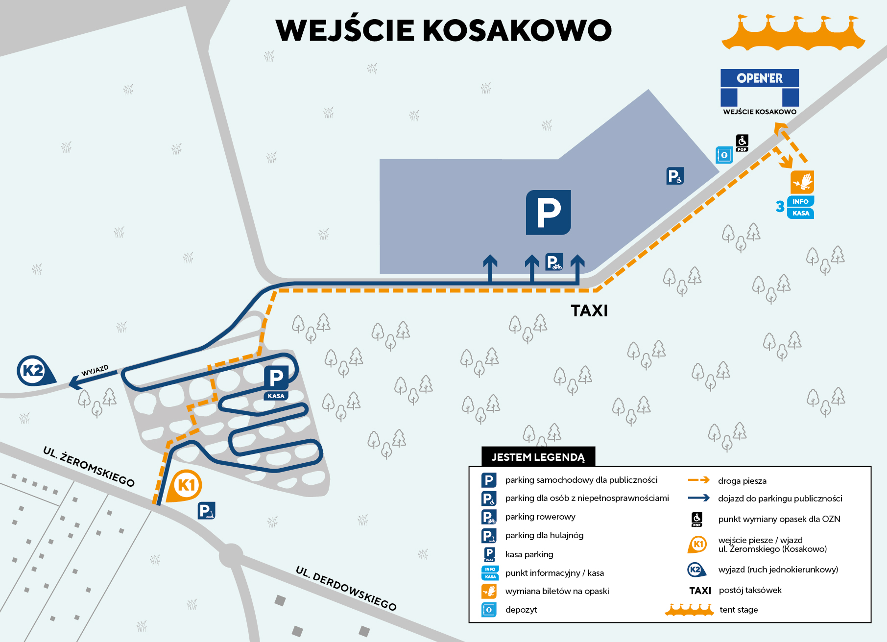 Opener 2024. Mapa wejścia Kosakowo z oznakowanymi parkingami, kasami, postojami taksówek i drogami pieszymi