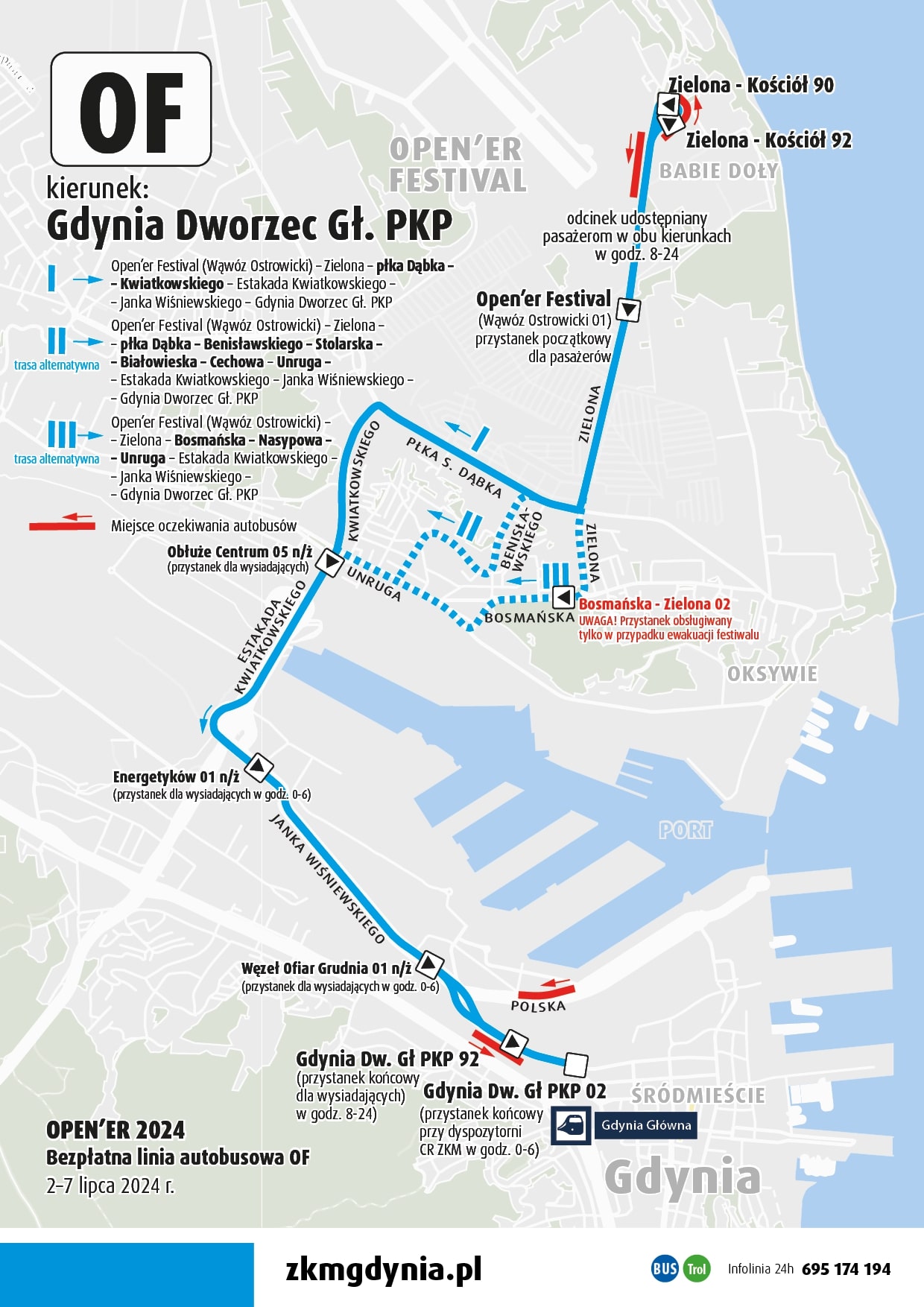 Mapka z trasą linii autobusowej "OF", kierunek Gdynia Dworzec Główny PKP: