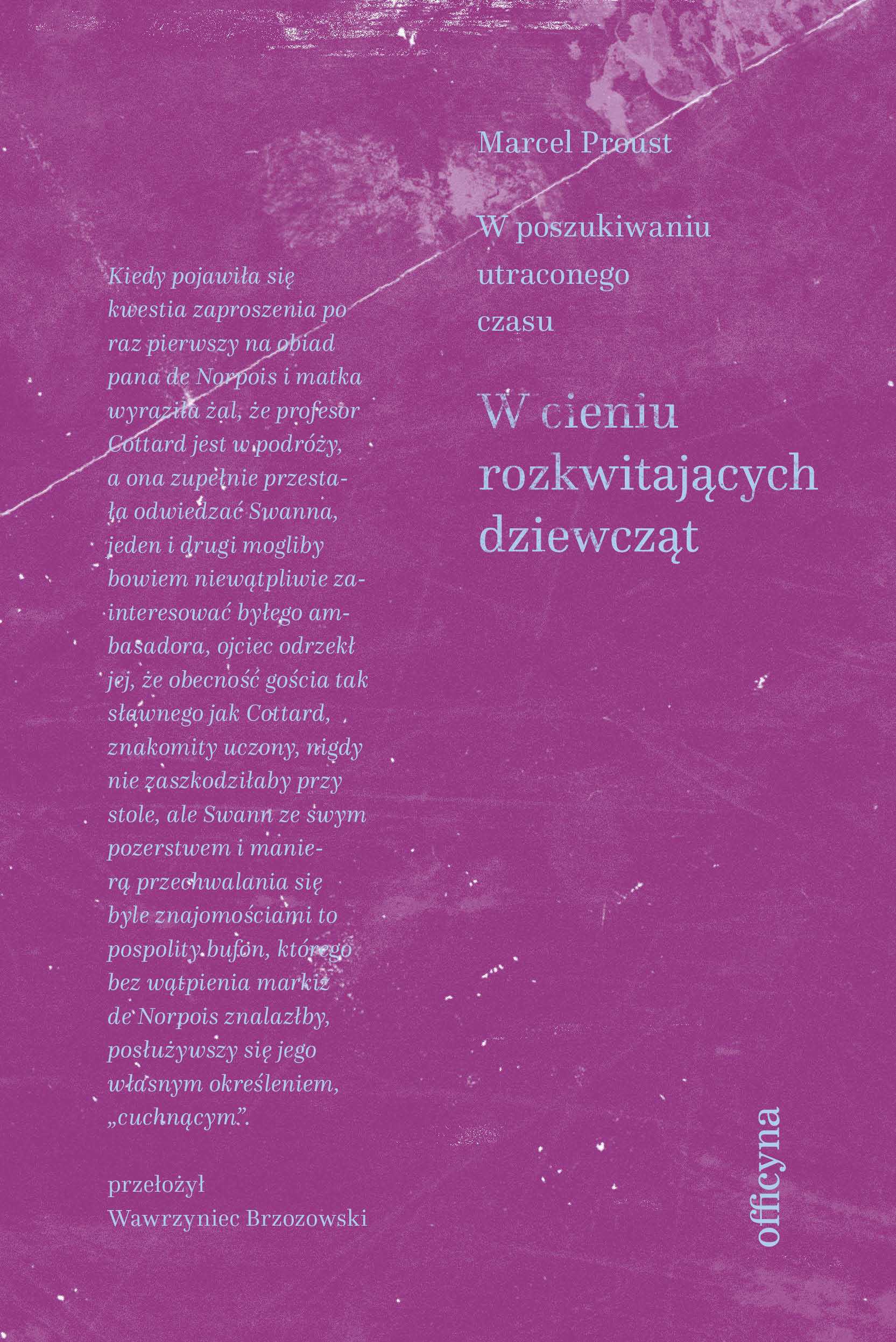 Okładka książki Marcela Prousta "W poszukiwaniu utraconego czasu. W cieniu rozkwitających dziewcząt". Na różowym tle umieszczono jasne napisy - po lewej fragment książki wraz z informacją, że przełożył ją Wawrzyniec Brzozowski, po prawej - imię i nazwisko autora oraz tytuł dzieła // fot. materiały prasowe