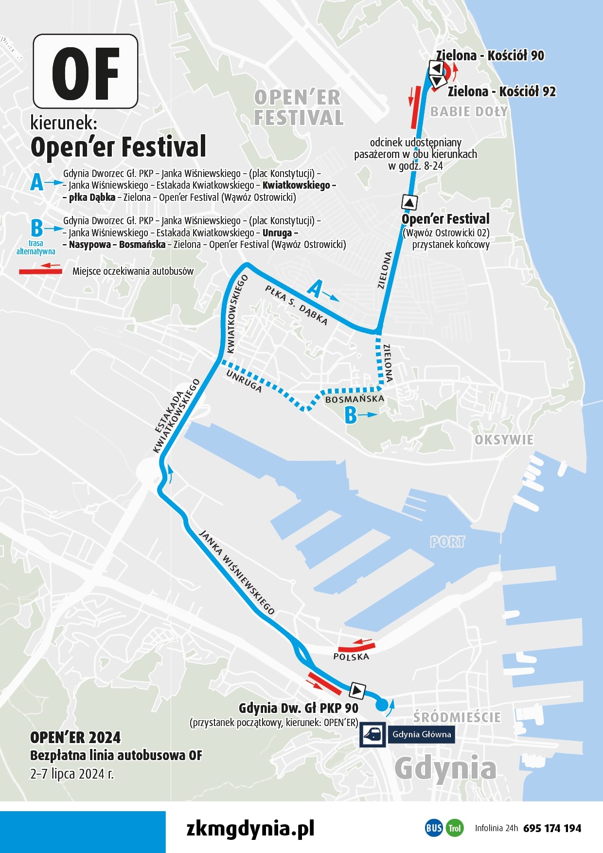 Mapka z trasą linii autobusowej "OF", kierunek Open'er Festival: