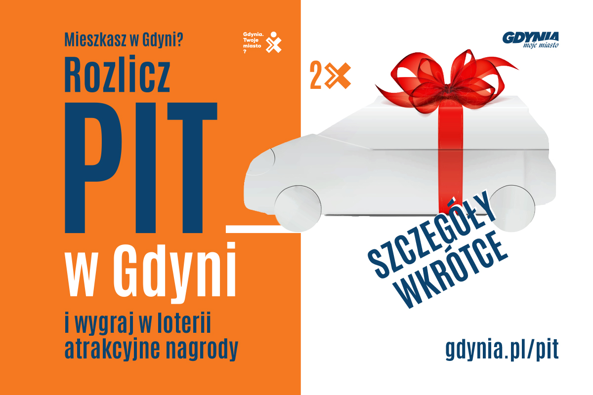 Plansza, napisy Rozlicz PIT w Gdyni, ręka z długopisem, formularz PIT, biały samochód z czerwoną wstążką, pomarańczowe tło