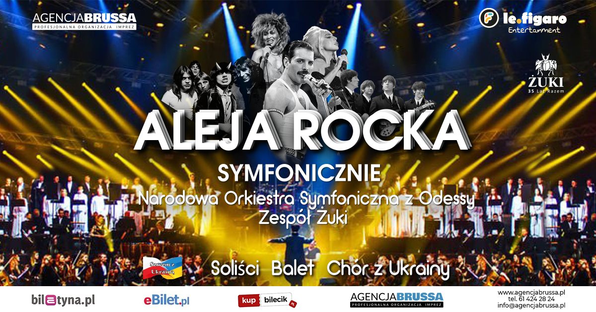 Plakat koncertu „Aleja Rocka Symfonicznie” z wizerunkami różnych wokalistów