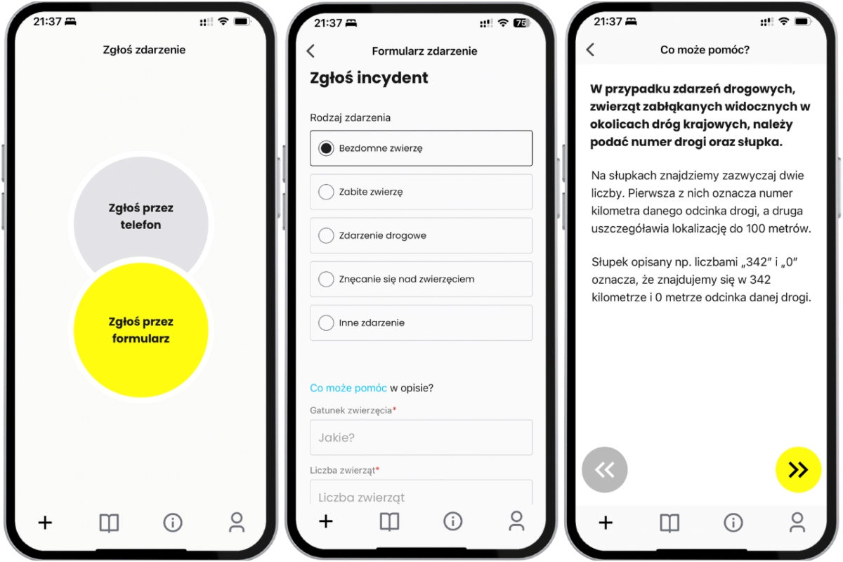 Trzy zrzuty ekranu telefonu: Zgłoś zdarzenie, zgłoś incydent, co może pomóc