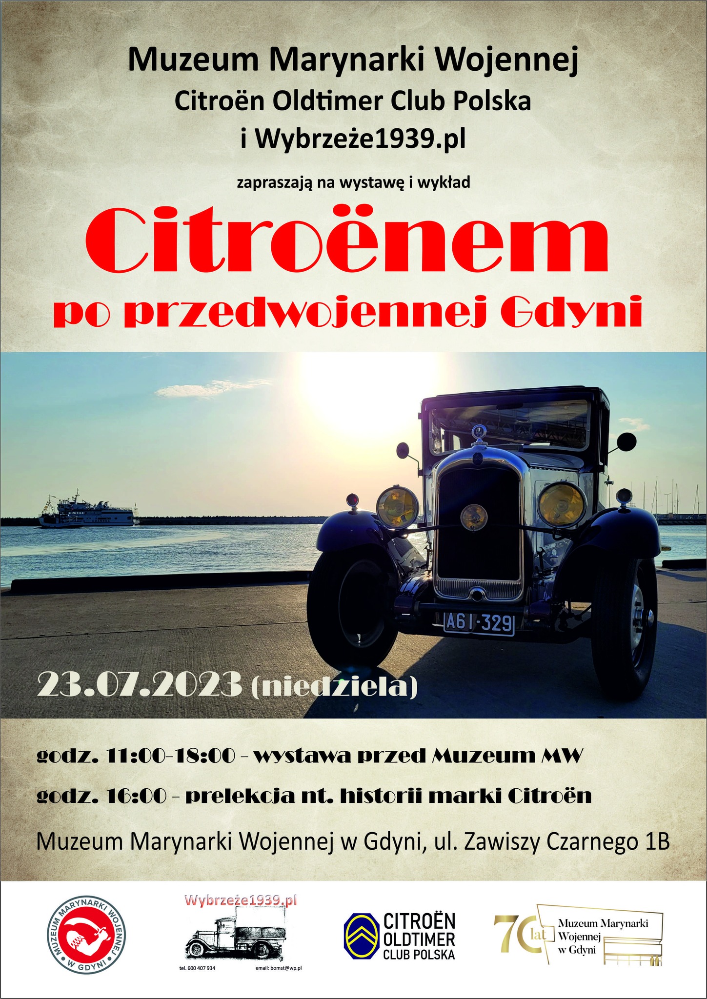 Plakat wydarzenia: Citroen Oldtimer Club Polska, Wybrzeże1939.pl i Muzeum Marynarki Wojennej zapraszają na wystawę i wykład „Citroenem po przedwojennej Gdyni i nie tylko”