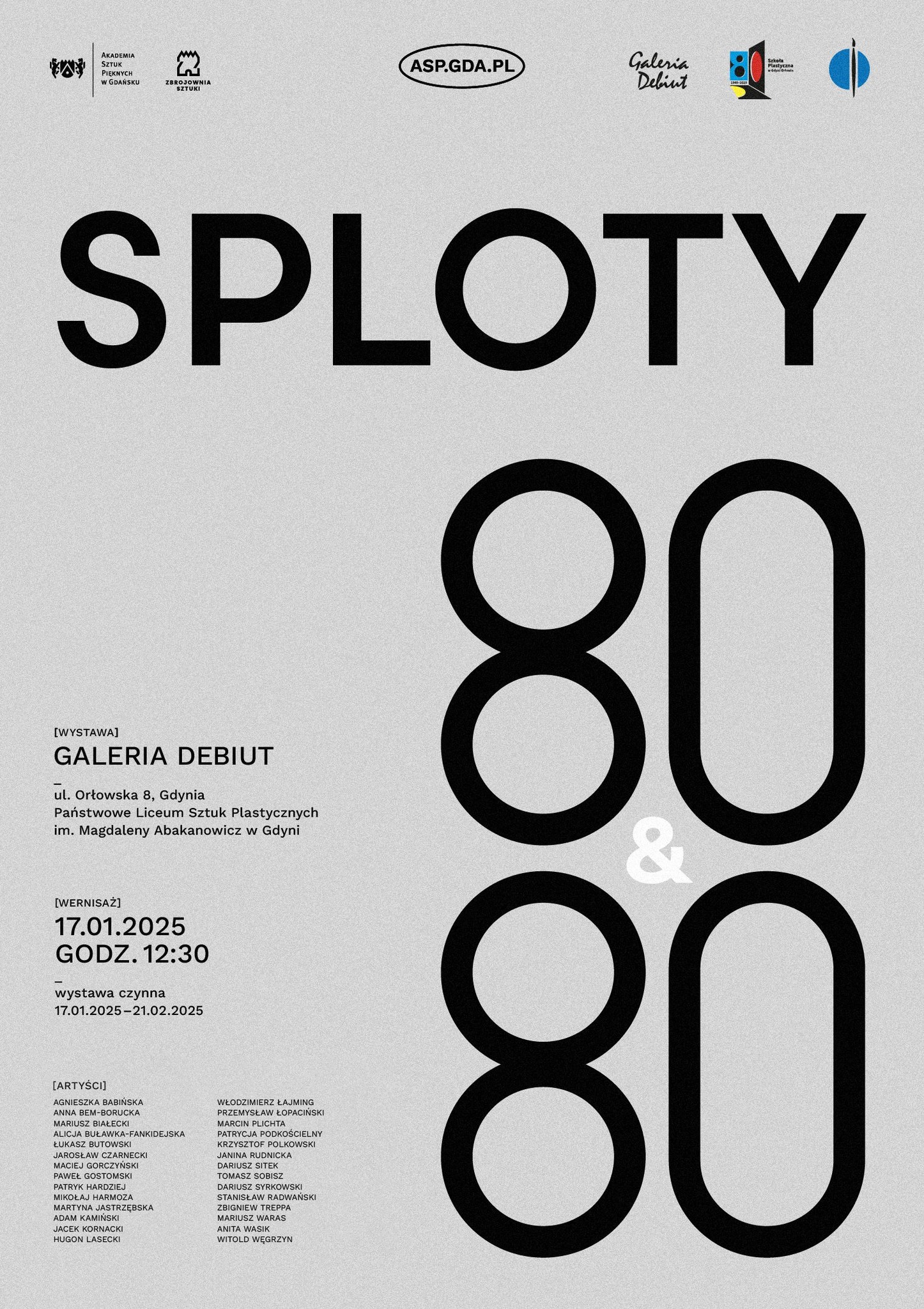 Plakat wystawy „Sploty” z datą wernisażu 17 stycznia o godz. 12:30 w Galerii Debiut i nazwiskami artystów