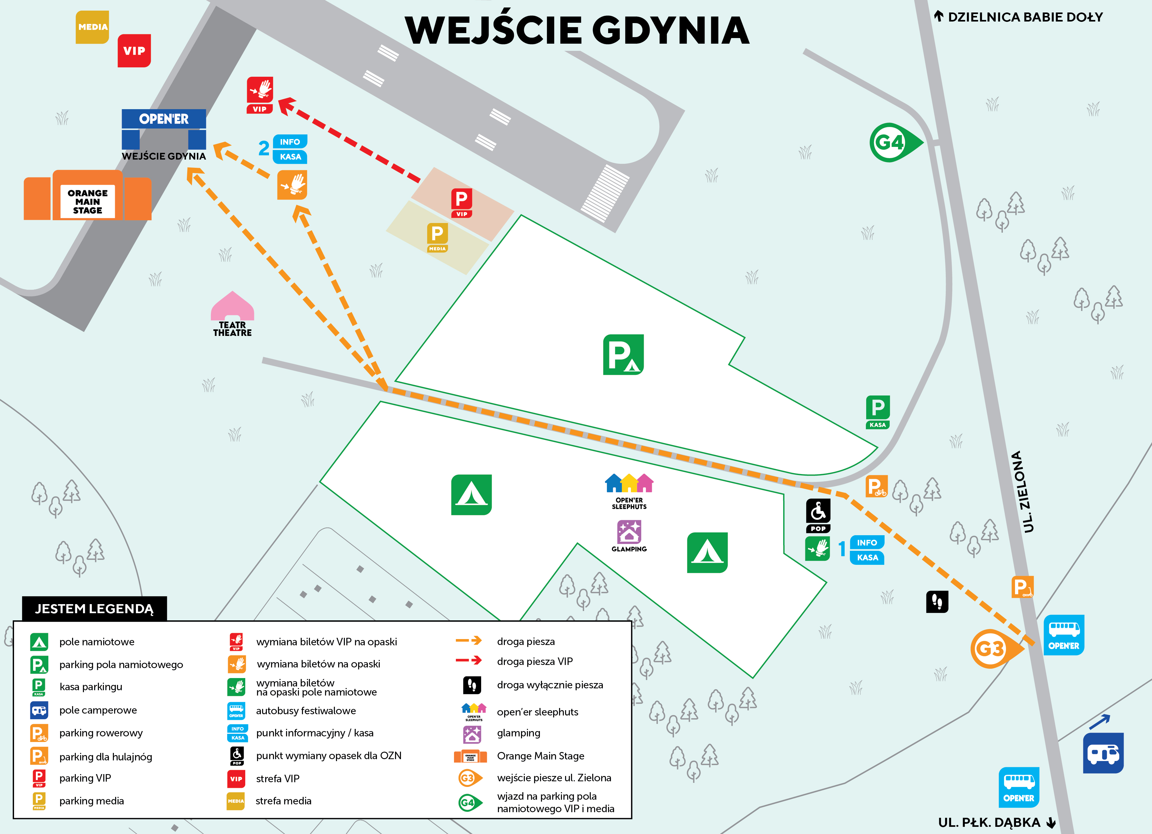 Opener 2024. Mapa wejścia Gdynia z oznakowanymi parkingami, polem namiotowym i punktami wymiany biletów